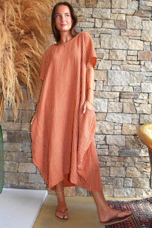 Salcombe Chalk Stripe Cotton Cocoon Dress Rust